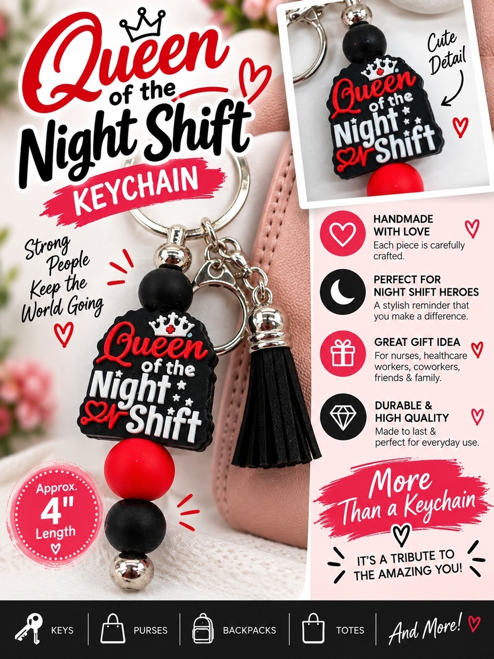 A77. Queen of the Night Shift Keychain Black & Red NWT